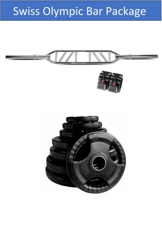 Olympic Swiss Barbell Package, Inc. Olympic Swiss Barbell, 60Kg Olympic Rubber Grip Plates, Barbell Quicklocks
